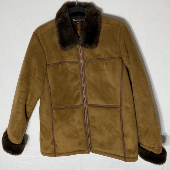 Vintage Lady Hathaway Tan Brown Faux Suede Zip Front Jacket W Faux Fur Collar M - Picture 16 of 16